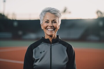 portrait of smiling senior sportswoman looking at camera on stadium