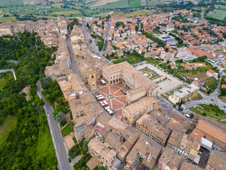 Italy, June 02, 2023: aerial view of the beautiful village of Recanati which gave birth to Giacomo Leapardi. The village is on the Marche hills in the province of Macerata