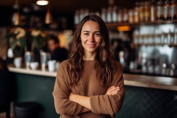 Portrait of smiling young woman standing with arms crossed in coffee shop