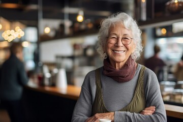 Portrait of smiling senior woman standing with arms crossed in coffee shop