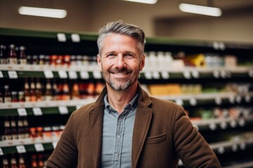 Portrait of smiling mature man standing in supermarket and looking at camera