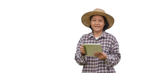 Elderly asian woman farmer holds smart tablet and reading her farming information on screen isolated on white background with clipping paths.