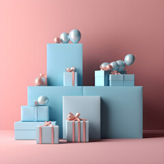 Pink and blue gift wrapped gift boxes on a minimal background. Stage for product design. Baby gender reveal. Generative AI