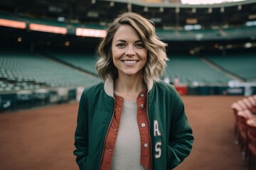 Fototapeta premium Portrait of a beautiful young woman in a green jacket smiling at the camera while standing in a stadium