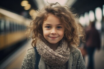 Portrait of a cute little girl with curly hair in a gray sweater and scarf on the platform of a railway station