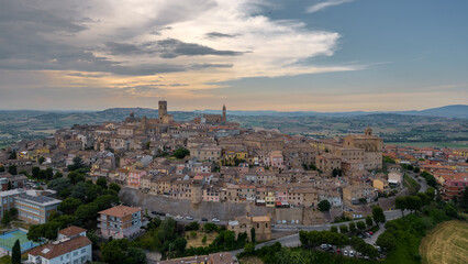 Italy, June 02, 2023: aerial view of the beautiful medieval village of Potenza Picena. The village...