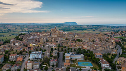 Italy, June 02, 2023: aerial view of the beautiful medieval village of Potenza Picena. The village...
