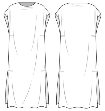 Long Caftan with Side Slit Front and Back View. Fashion Illustration, Vector, CAD, Technical Drawing, Flat Drawing, Template, Mockup.