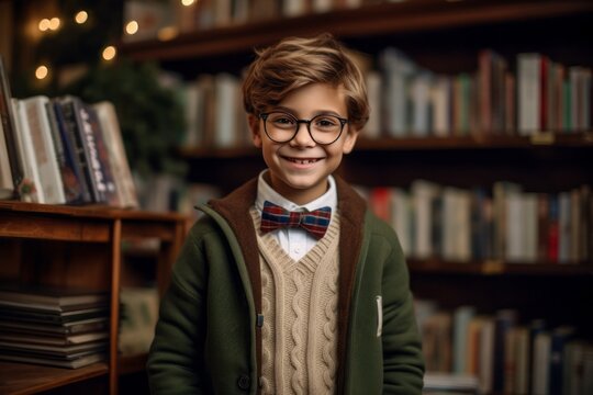 Medium shot portrait photography of a cheerful child male that is wearing a chic cardigan against a cozy bookstore filled with books and readers background . Generative AI