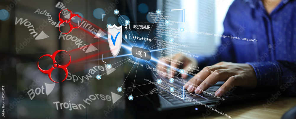 Wall mural cyber security and protection data from virus and other spyware. data and cyber security concept.