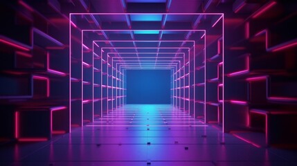 3d render, abstract geometric neon background. Empty room with futuristic wall panels and glowing square frame. Futuristic tunnel or corridor. Technological, Generative AI