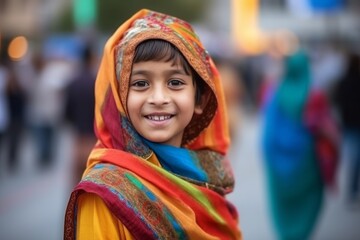 Fototapeta premium Portrait of a beautiful little girl wearing a colorful headscarf