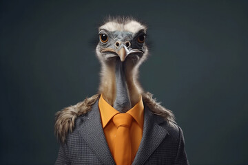 Portrait of a Ostrich dressed in a formal business suit, The Elegant Boss Ostrich, generative AI