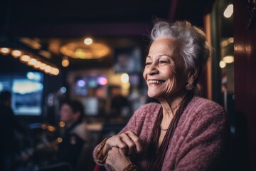 Portrait of smiling senior woman sitting in coffee shop at night.