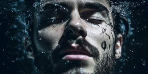 Splash on man face. Splashes of water on the handsome face of young man, close up. Beauty and care advertising