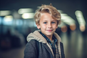 Medium shot portrait photography of a grinning child male that is wearing a chic cardigan against a bustling airport terminal with passengers and flights background . Generative AI