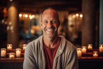 Medium shot portrait photography of a grinning man in his 40s that is wearing a chic cardigan against a tranquil spa environment with candles and massage background . Generative AI