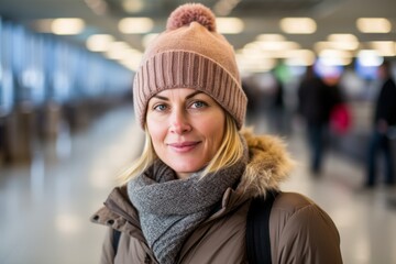 Portrait of a beautiful woman in winter clothes at the train station