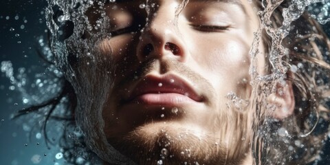 Fototapeta na wymiar Splash on man face. Splashes of water on the handsome face of young man, close up. Beauty and care advertising