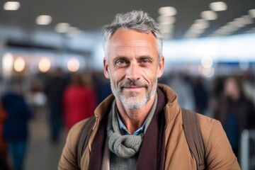 Fototapeta premium Portrait of senior man with grey hair looking at camera in airport