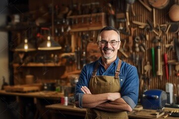 Portrait of smiling mature craftsman standing with arms crossed in workshop