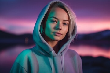 Medium shot portrait photography of a satisfied woman in her 20s that is wearing a comfortable tracksuit against a spectacular natural phenomenon like the northern lights background . Generative AI