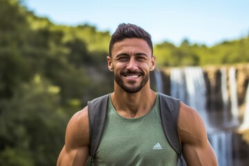 Portrait of a handsome man smiling at camera against waterfall in forest