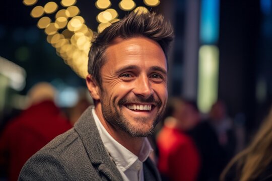 Close-up portrait photography of a grinning man in his 30s that is wearing a chic cardigan against a charity gala event with auction and celebrities background . Generative AI