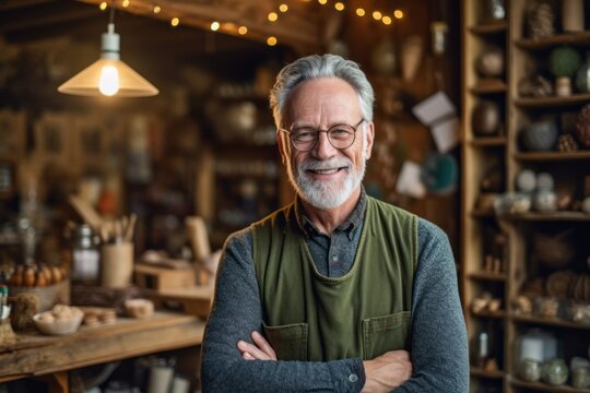 Medium shot portrait photography of a satisfied man in his 60s that is wearing a chic cardigan against a woodworking or crafting studio background . Generative AI