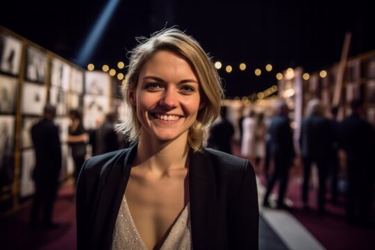 Medium shot portrait photography of a grinning woman in her 30s that is wearing a classic blazer against a charity gala event with auction and celebrities background . Generative AI