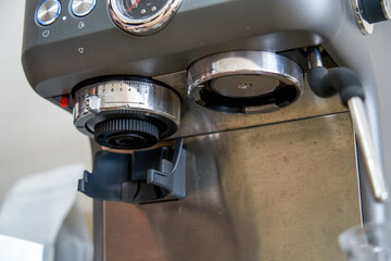 Partial closeup of an espresso machine