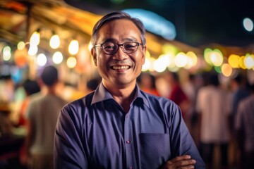 Fototapeta premium Portrait of asian senior man wearing glasses at night market.
