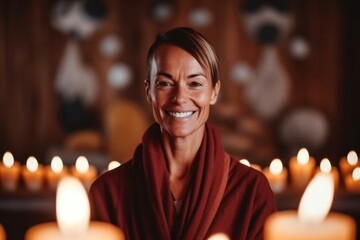 Medium shot portrait photography of a pleased woman in her 40s that is wearing a cozy sweater against a serene meditation retreat with monks and candles background . Generative AI - obrazy, fototapety, plakaty