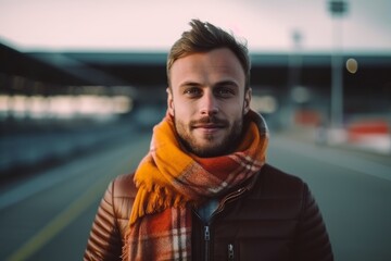 Portrait of handsome young man wearing scarf and looking at camera on bridge