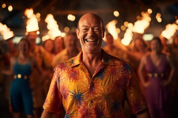 Medium shot portrait photography of a pleased man in his 50s that is wearing a trendy jumpsuit against a scenic hawaiian luau with performers and fire dancers background . Generative AI - obrazy, fototapety, plakaty