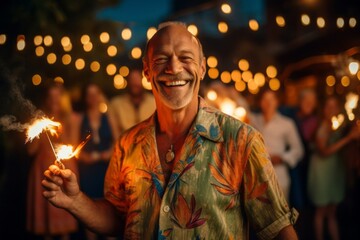 Medium shot portrait photography of a cheerful man in his 40s that is wearing a chic cardigan against a scenic hawaiian luau with performers and fire dancers background . Generative AI