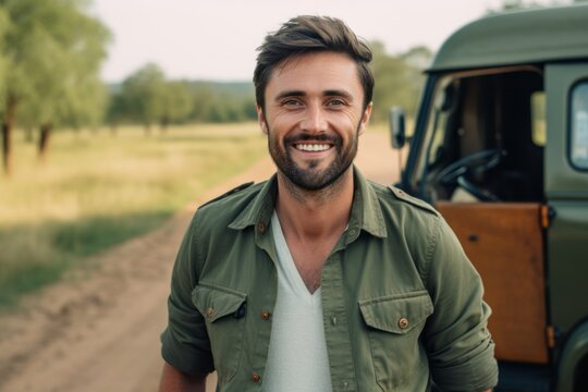 Medium shot portrait photography of a grinning man in his 30s that is wearing a chic cardigan against a safari adventure with wildlife encounters background . Generative AI