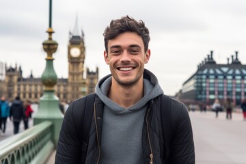 Close-up portrait photography of a pleased man in his 20s in London, on a busy tourist day at Tower. Generative AI