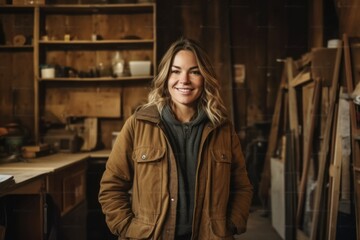 Portrait of a smiling young woman in leather jacket standing in a workshop