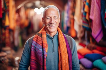 Obraz premium Portrait of a smiling senior man with a colorful scarf in a market
