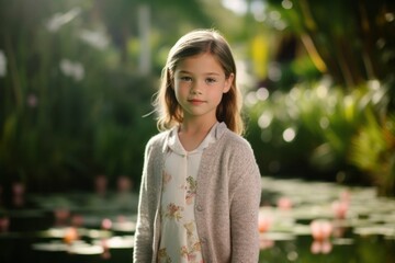 Fototapeta premium Portrait of a cute little girl in a park with water lilies