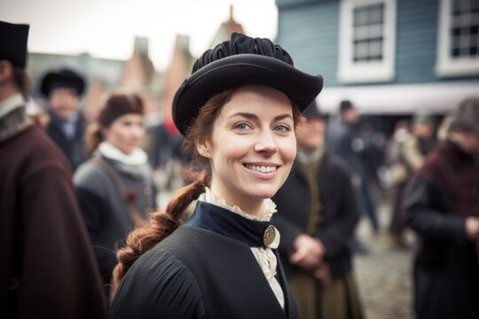 Medium Shot Portrait Photography Of A Grinning Woman In Her 40s That Is Wearing A Sleek Suit Against A Historic Reenactment With Costumed Actors Background . Generative AI