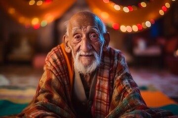 Fototapeta premium Portrait of an elderly man sitting on the floor at home.