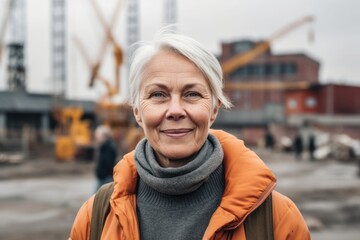 Portrait of smiling senior woman standing on construction site with crane in background