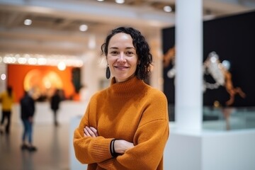 Medium shot portrait photography of a pleased woman in her 30s that is wearing a cozy sweater...
