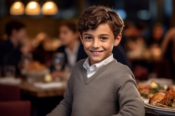 Fototapeta premium Medium shot portrait photography of a grinning child male that is wearing a chic cardigan against a beautifully plated gourmet meal being served background . Generative AI