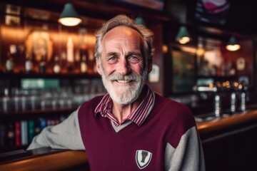Fototapeta premium Portrait of smiling senior man standing at bar counter in a pub