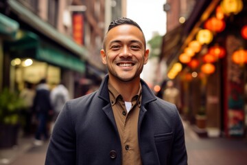 Fototapeta premium Medium shot portrait photography of a pleased man in his 30s that is wearing a chic cardigan against a bustling chinatown with colorful shops and restaurants background . Generative AI