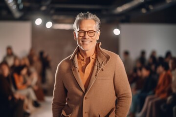 Handsome mature man in beige coat and eyeglasses smiling at camera while standing in front of fashion models during fashion show