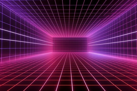 3d render, abstract geometric background, cyber space with grid inside the virtual reality, empty room glowing with red violet neon light, Generative AI